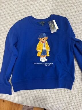 Ralph Lauren Kids Royal Blue Polo Bear Sweatshirt with Yellow Coat Graphic